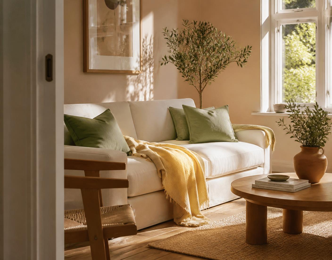 A freshly cleaned, lived-in living room with warm morning light